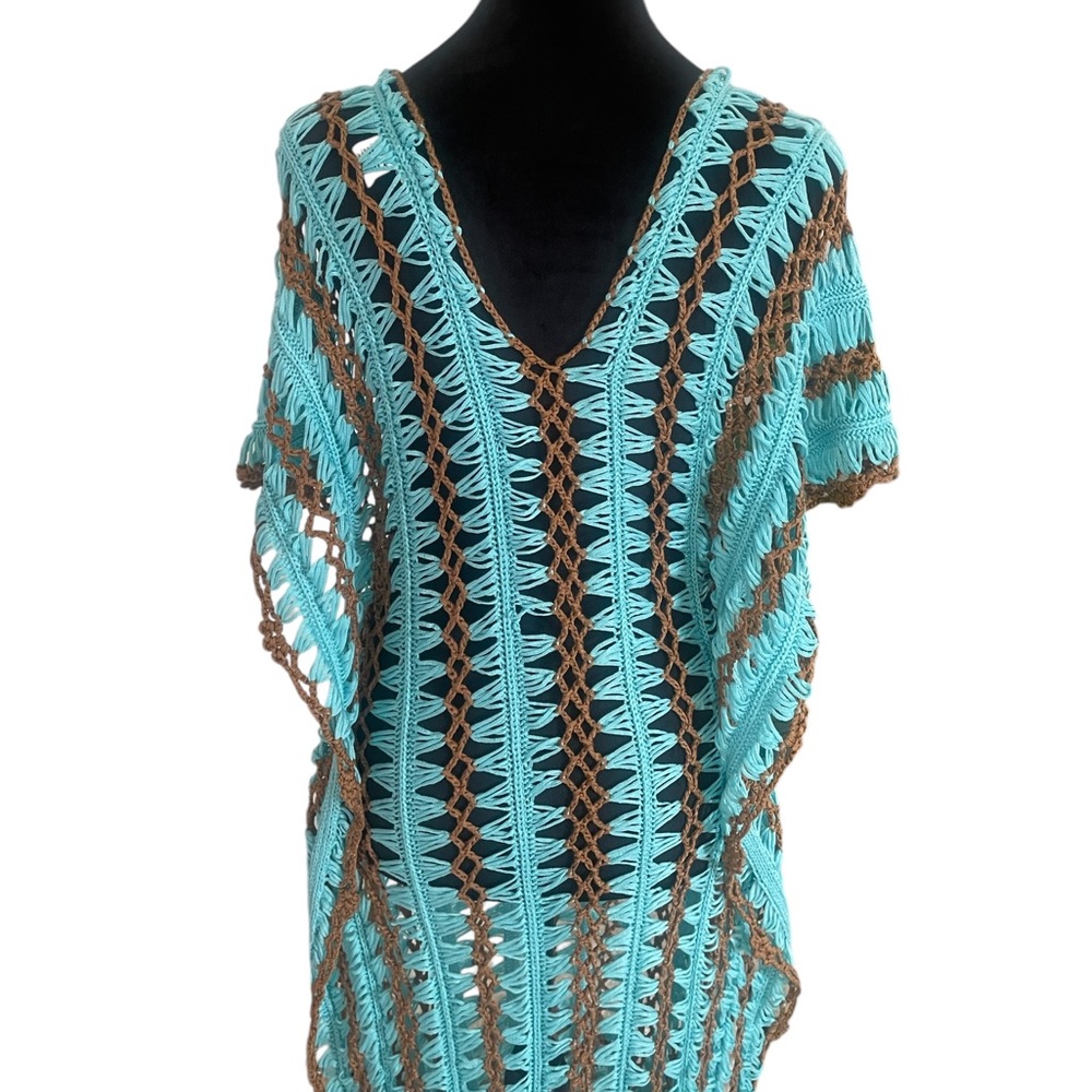 Crochet Tunic,coverup,Turquoise,brown dress,Bohemian,Swim,M/L,New - Picture 3 of 12
